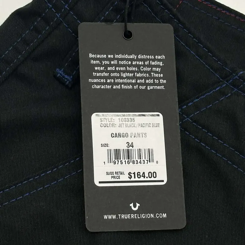 True Religion Size 34 Jet Black Pacific Blue Stitch Flap Baggy Cargo Pants NWT